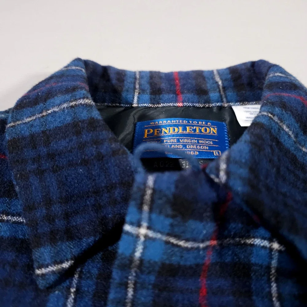 Pendleton Flannel Shirt Mens L Blue Plaid Wool  Tartan Made in USA Loop Collar‎